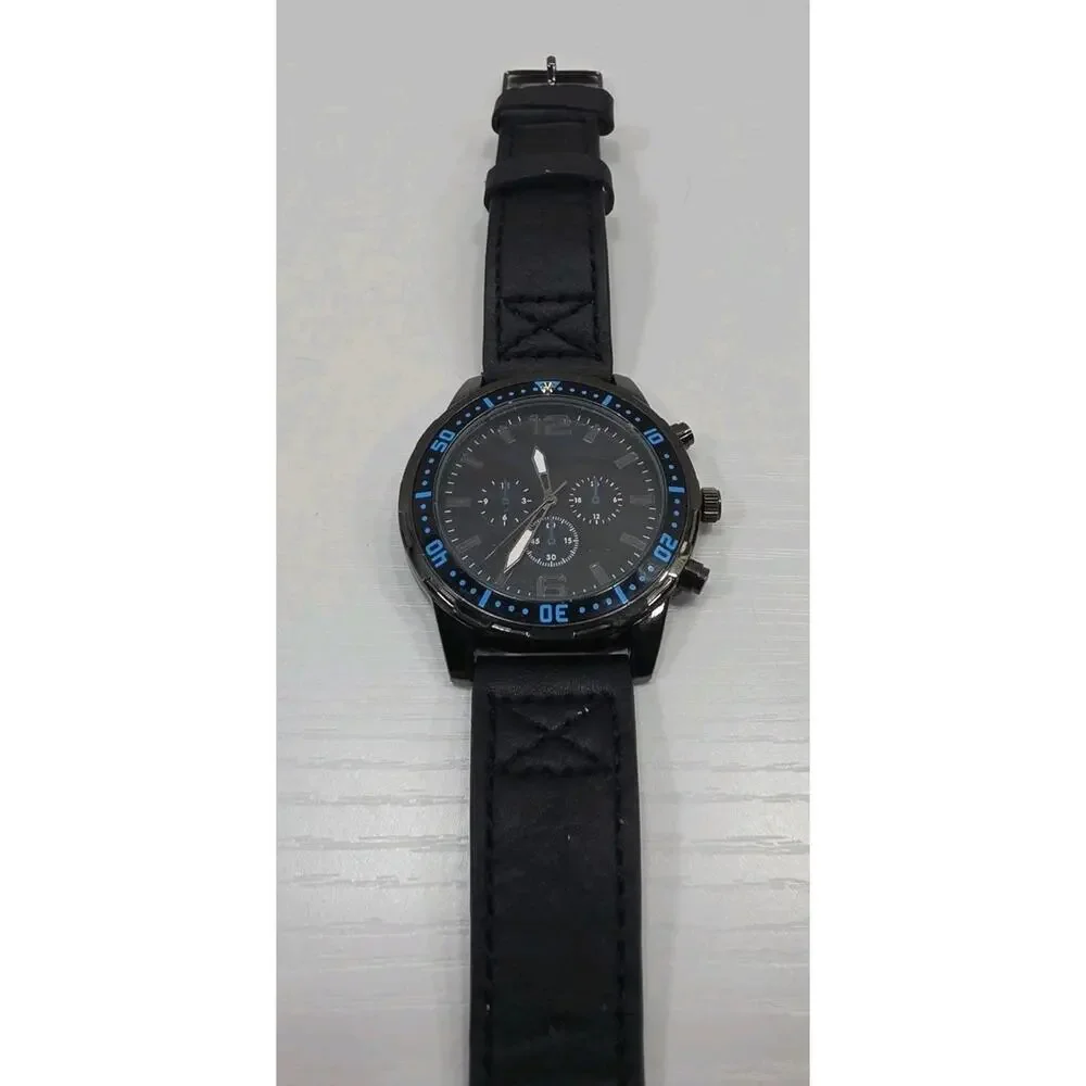 Men’s Blue Accent Watch W/ Black Dial, Black Vegan Leather Band New Battery W271